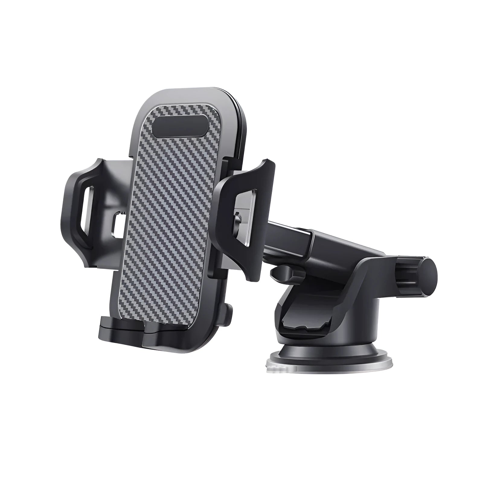 Black universal car phone holder for smartphones 4 to 7 inches wide on a car dashboard