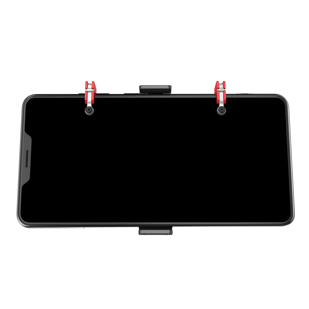 Black mobile phone gaming trigger bracket with adjustable sliding metal trigger and telescopic phone clip