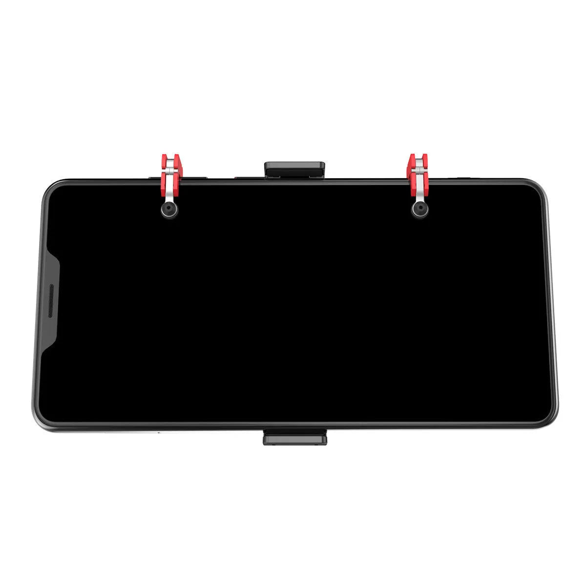 Black mobile phone gaming trigger bracket with adjustable sliding metal trigger and telescopic phone clip