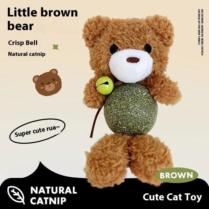 Small plush catnip toy shaped like an animal, featuring a bell, for cats to bite and play with.
