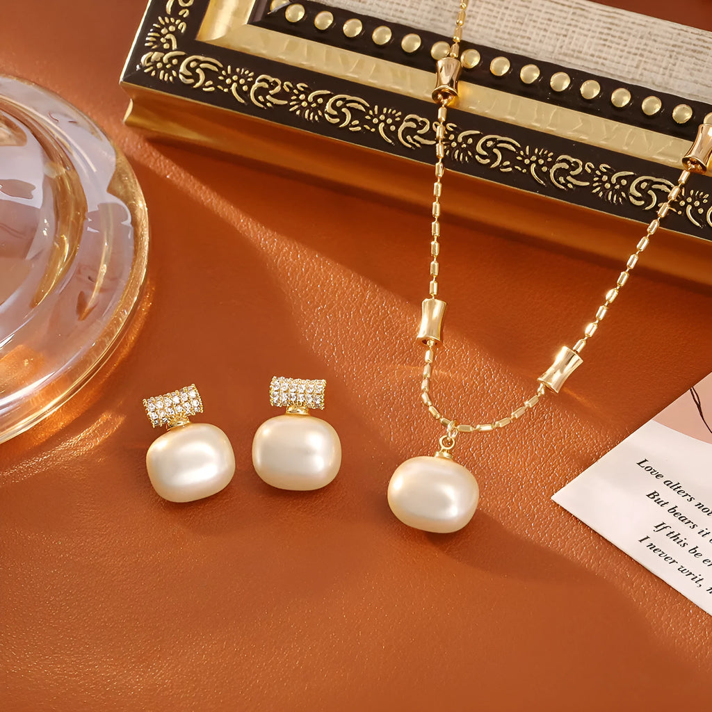 Cube sugar pearl necklace and stud earrings set on a woman, real gold plated copper, imitation pearls, adjustable chain 41-50cm