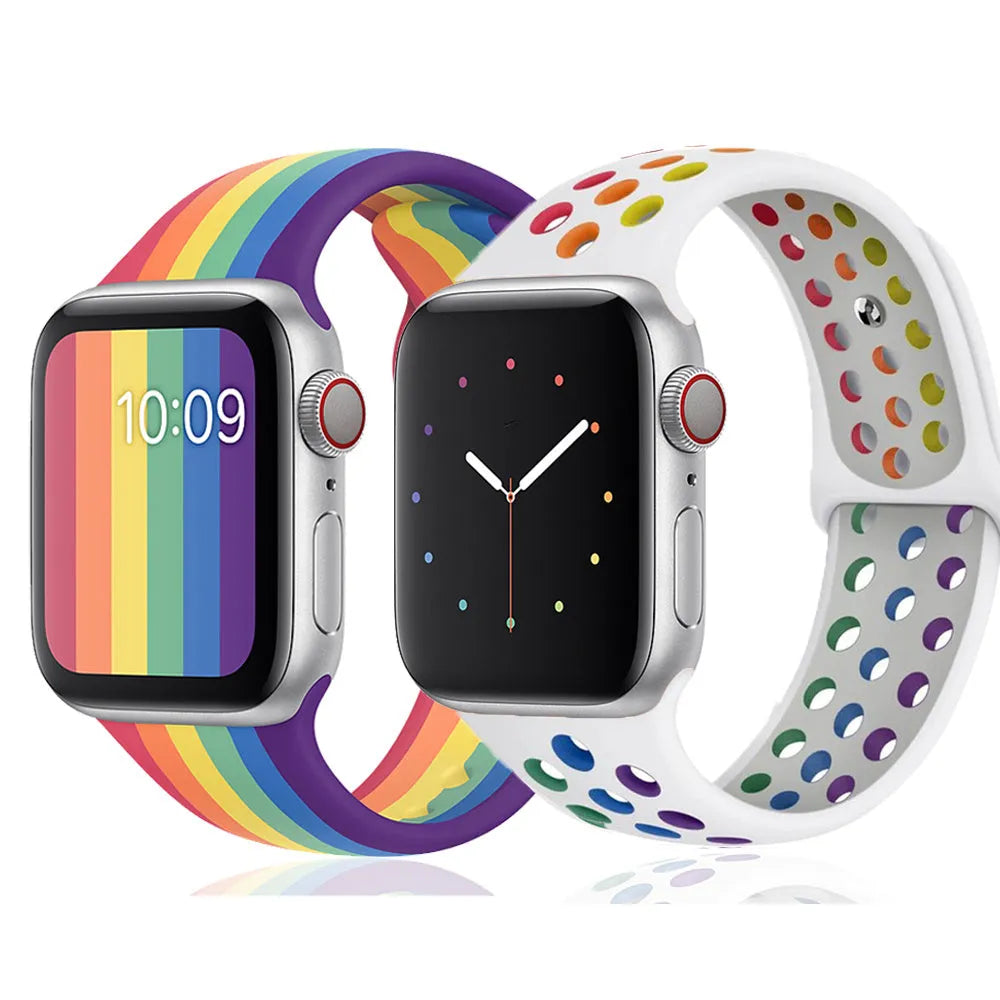 Silicone sports wristband with buckle in black, rainbow or white colour on a wrist.