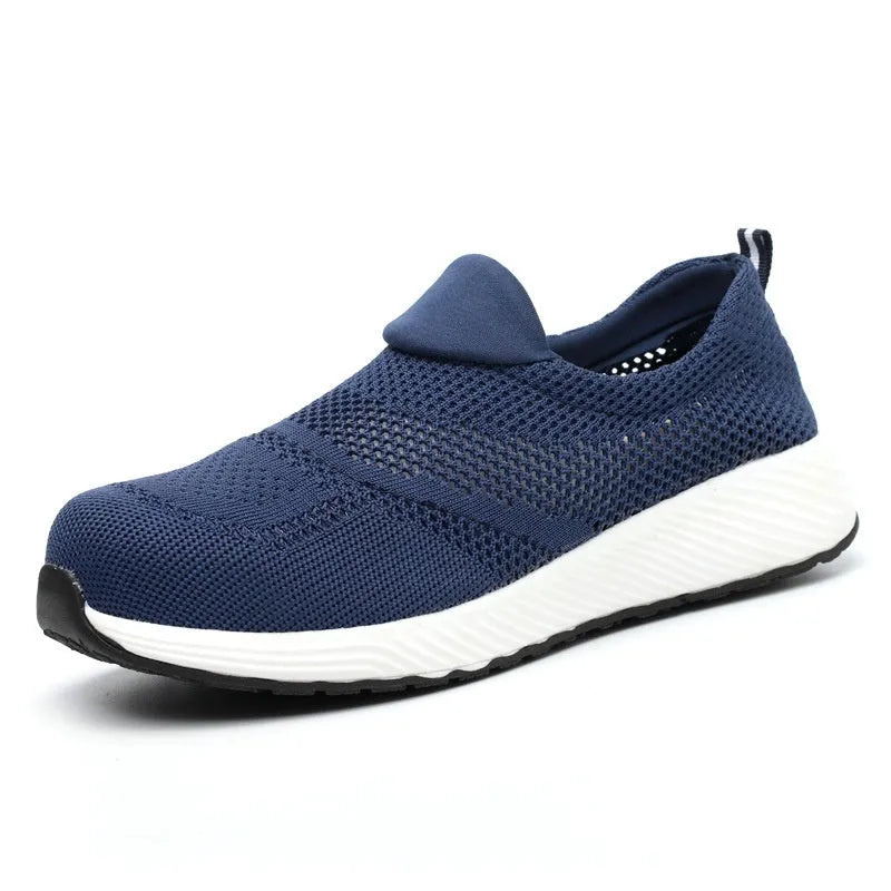 Men's steel toe work shoes with anti-puncture soles in black, blue, red colours