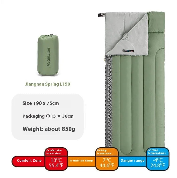 Four seasons camping sleeping bag in one of three colours with its storage bag, shown laid out.