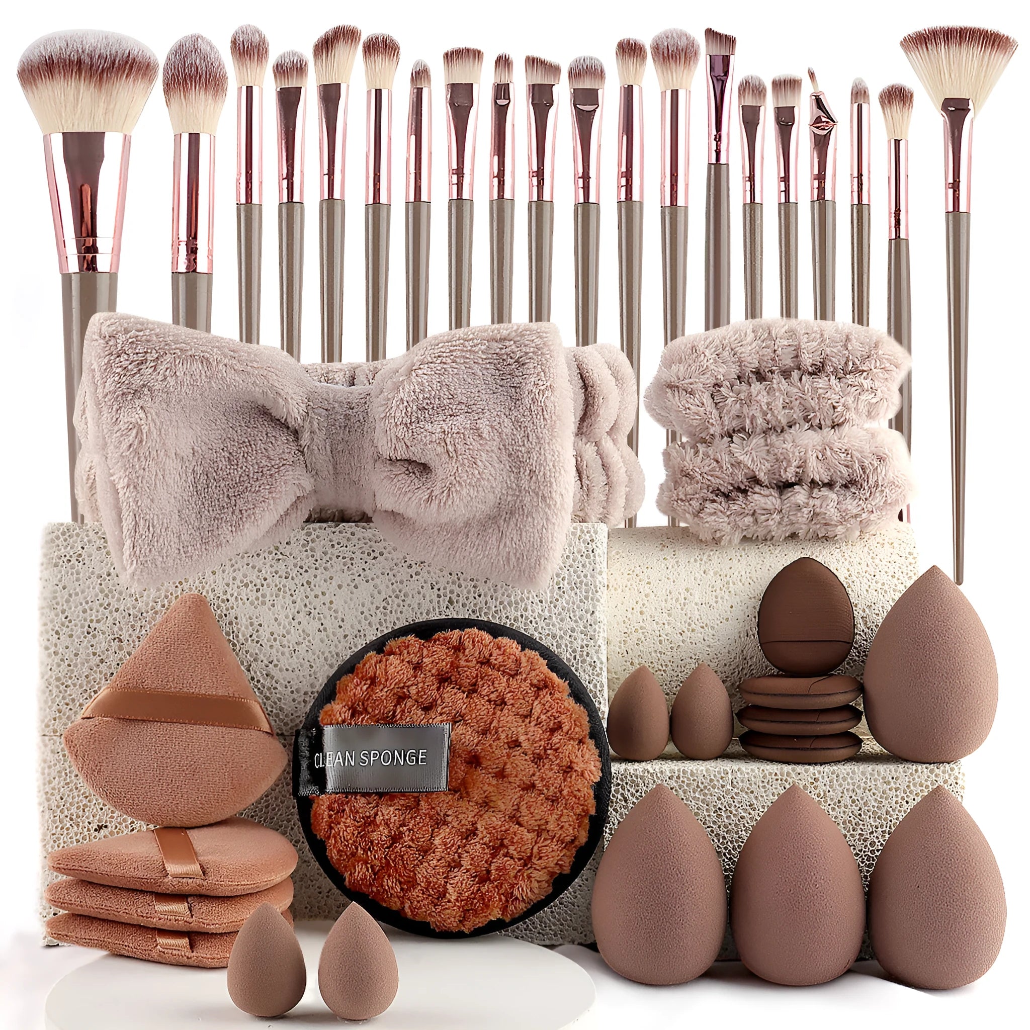 Professional makeup brush set with face wash tools in brown, pink, and purple colour options