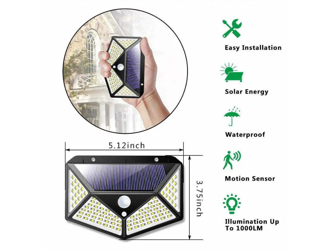 100LED solar PIR motion sensor wall lamp with 2200mAh battery and 120-degree sensor for outdoor courtyard lighting