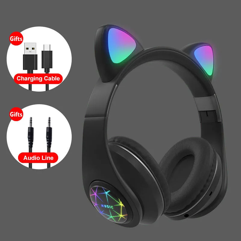 Cat ear style wireless Bluetooth sports headset shown in multiple colours on a person's head