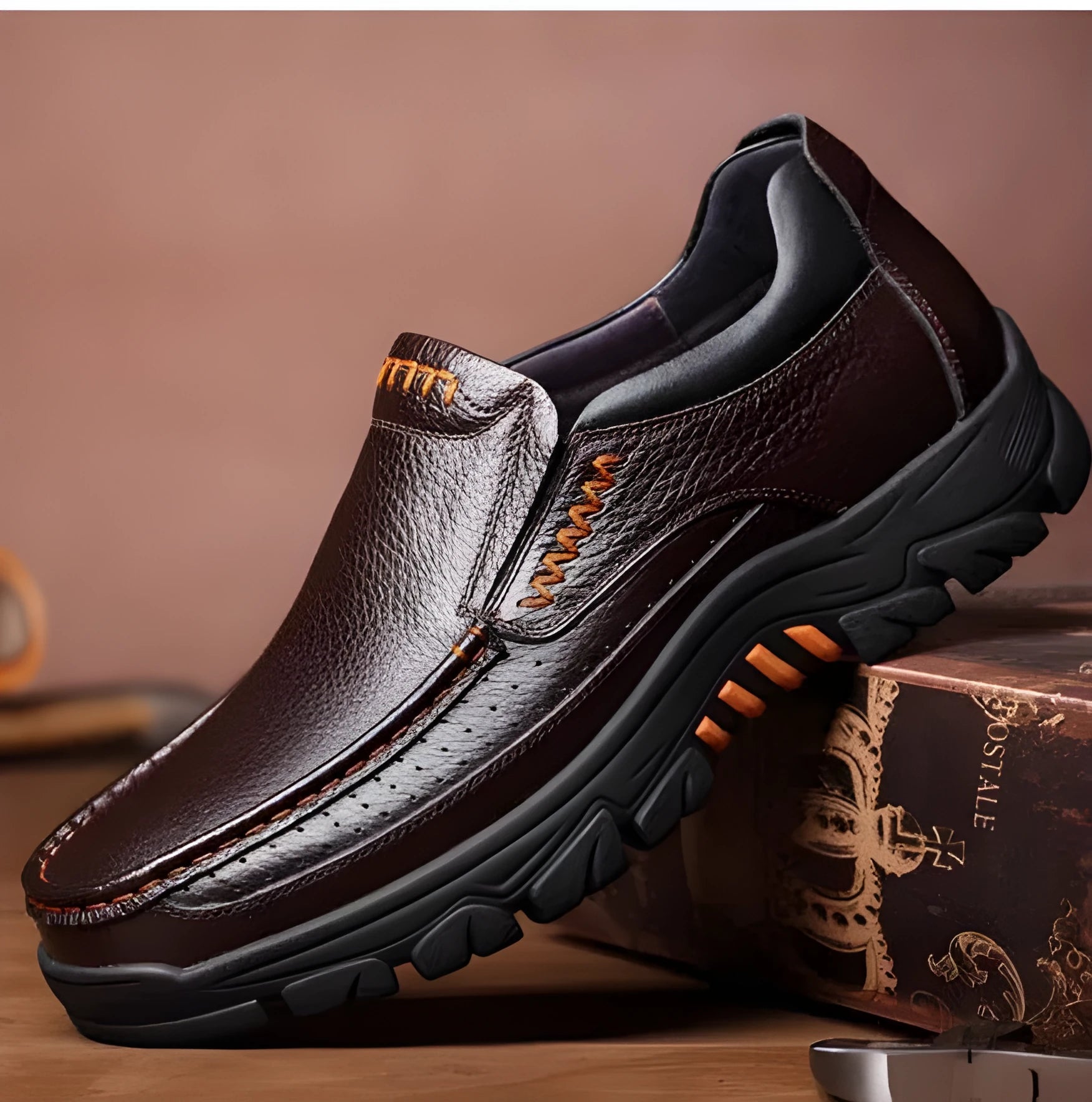 Men's black business casual leather slip-on shoes with rubber sole for office wear