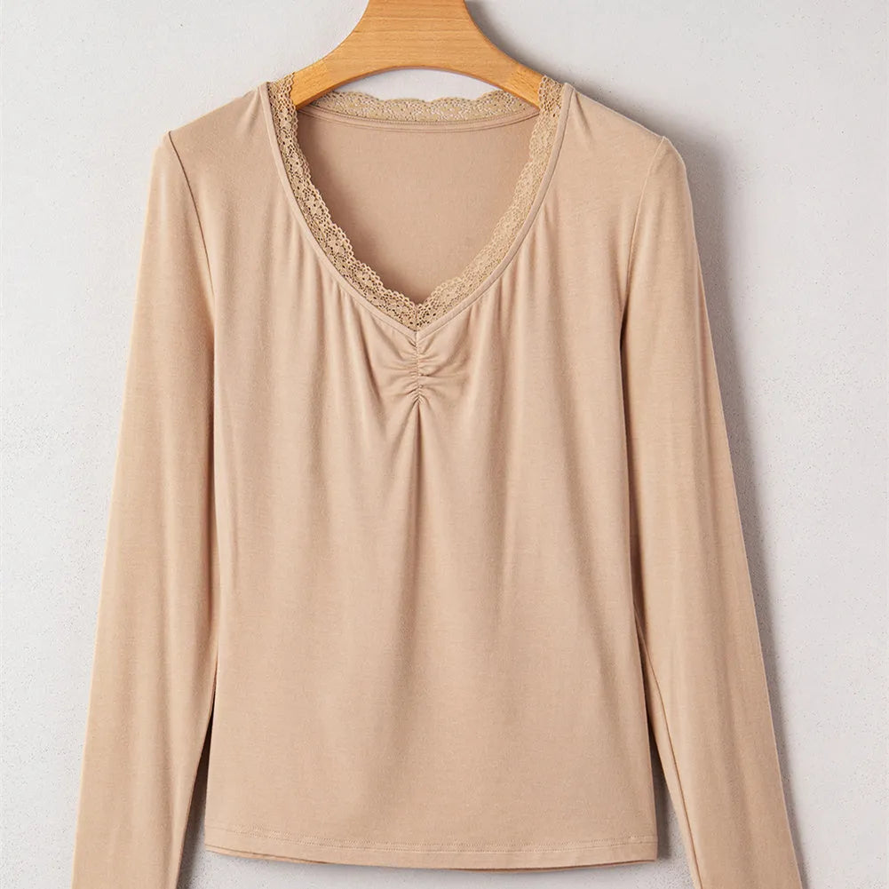Women's red casual top with lace trim and long sleeves in slim fit