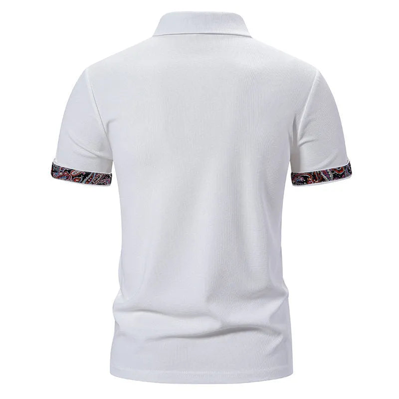 Men's navy blue polo shirt with a turnover collar featuring white contrast stitching and short sleeves.