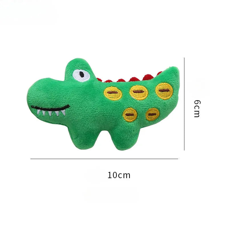 Soft plush cat toy shaped like a cow, a parrot, and a crocodile, each containing catnip for pet play.