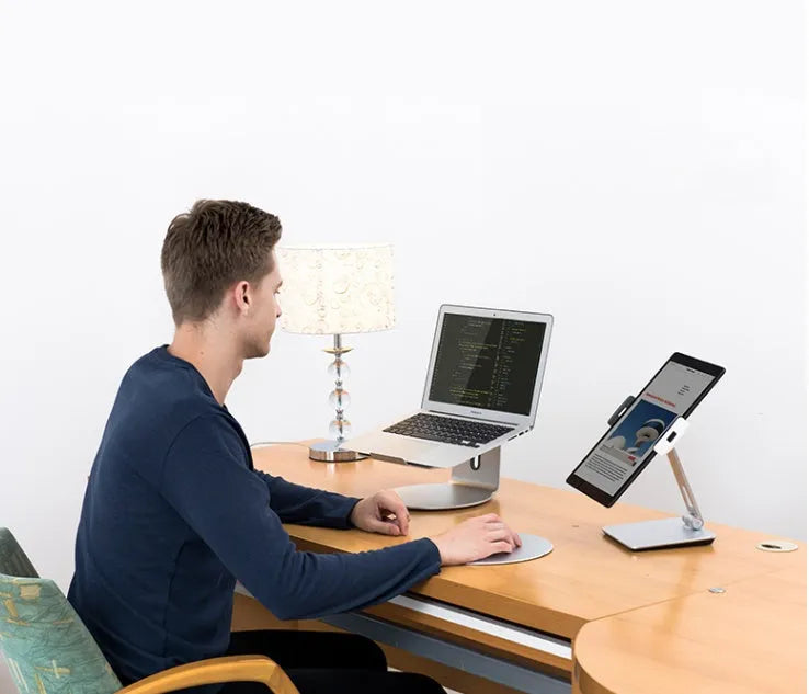 Aluminium foldable desktop phone and tablet stand with 360-degree rotation mechanism