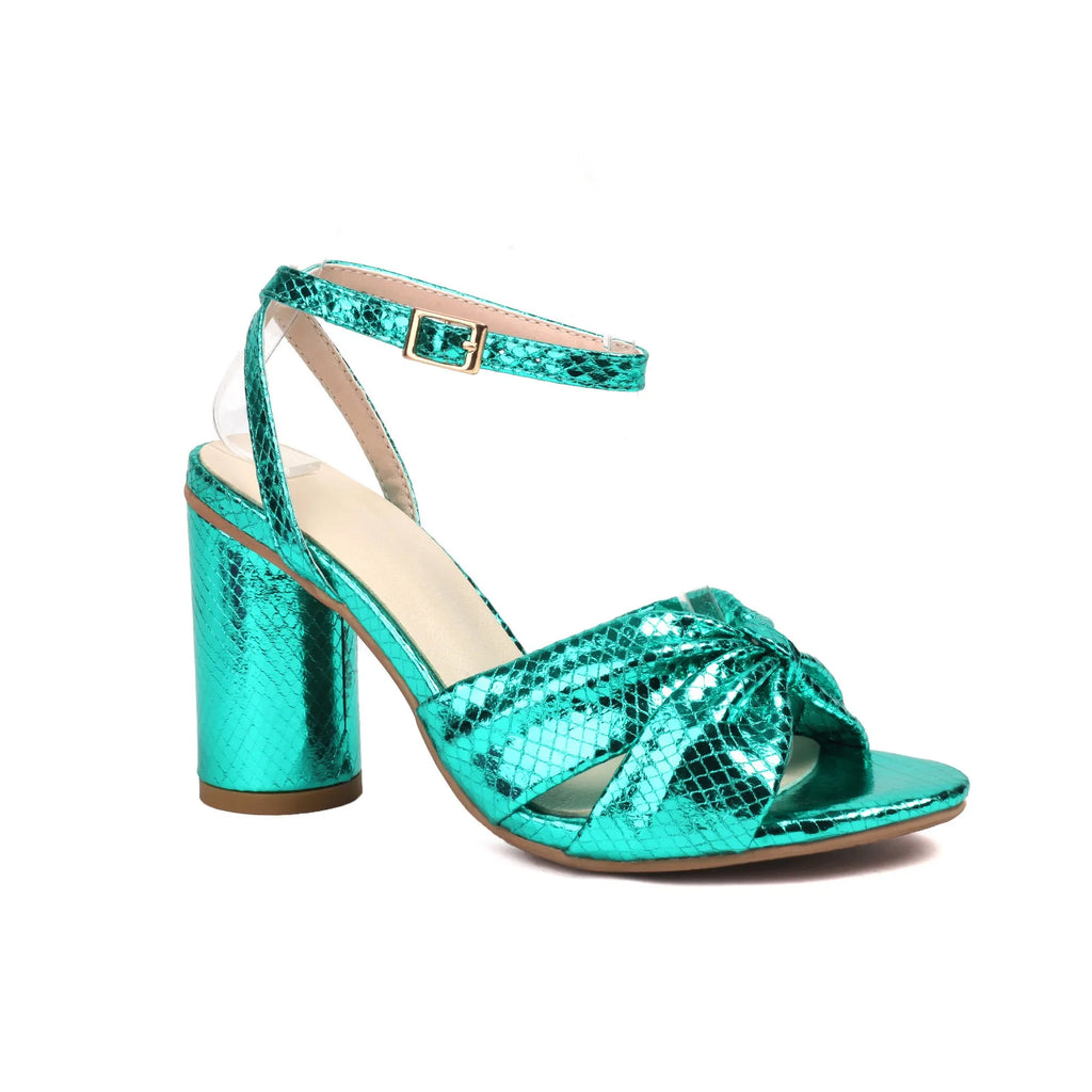 High heel plus size peep toe sandals with ankle buckle in gold, silver, red, and green colours