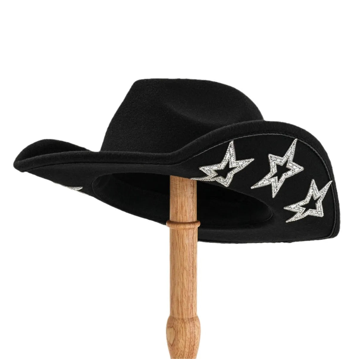 Beige polyester western denim top hat with a conical crown and a silver hexagonal star decoration on the front.