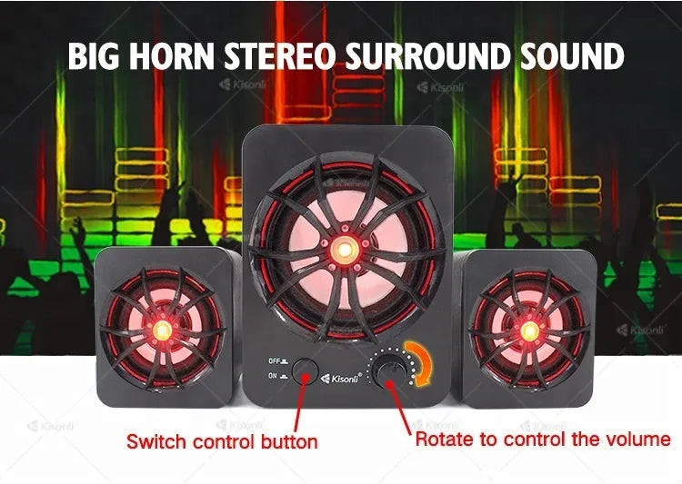 Green 2.1 USB computer speaker with colourful glowing lights and a 150cm connection cable.