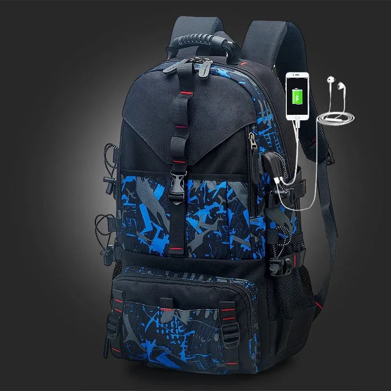 Men's large waterproof Oxford cloth hiking backpack in multiple colour options on a neutral background.