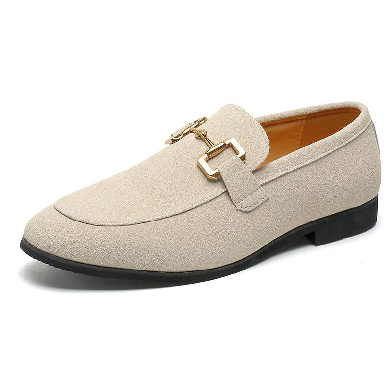 Men's plus size casual leather shoes with metal buckle, black colour, rubber outsole, side view