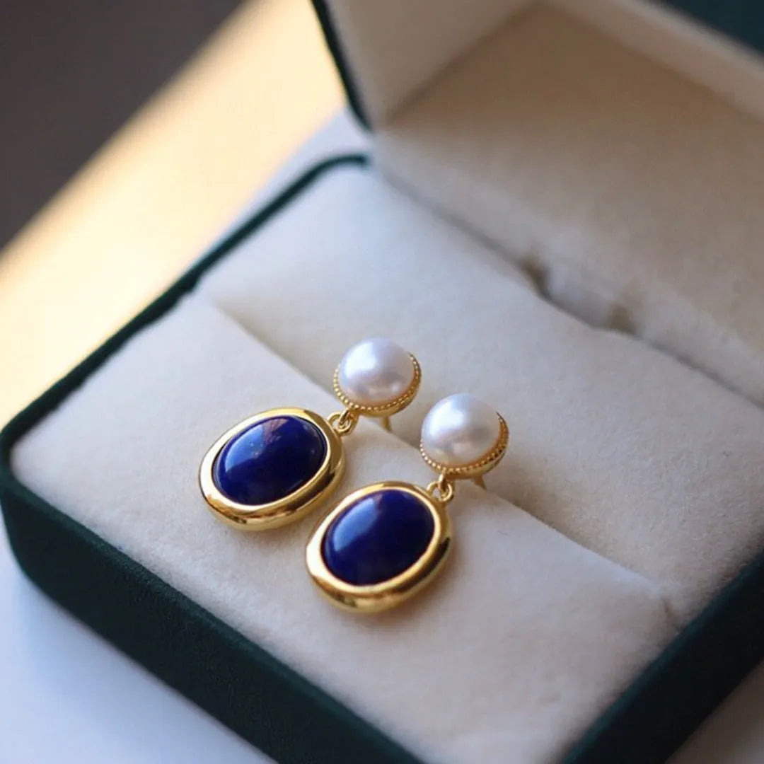 A pair of simple lapis lazuli pearl earrings made from 925 sterling silver with auspicious patterns.
