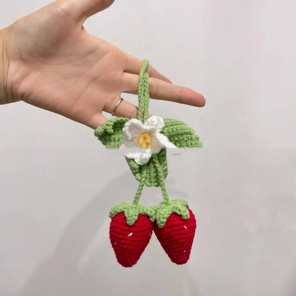 Handmade strawberry-shaped car decoration pendant woven from cotton and hemp knitting wool