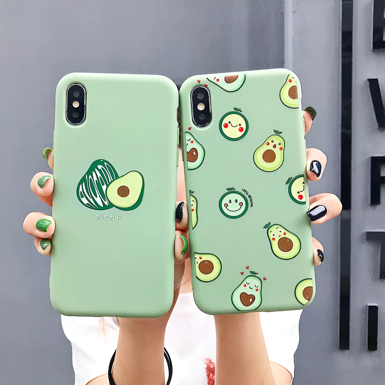 Colourful avocado cartoon design on a flexible TPU phone case for iPhones and Android models.