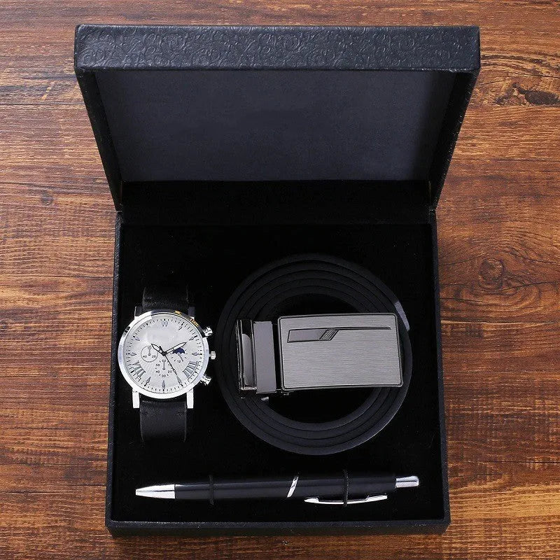 Business gift set for men with belt, wallet, quartz watch with leather strap, and pen in box