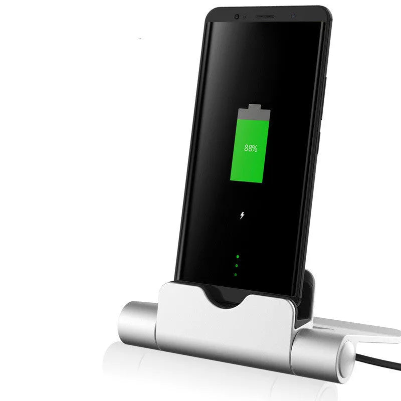 WQ26 desktop charger stand for mobile phones in black, compatible with iPhone, MicroV8, and Type C cables