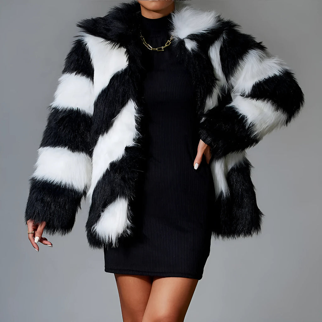 Faux fur coat with contrast lapel and detachable fur collar in normal 50cm length