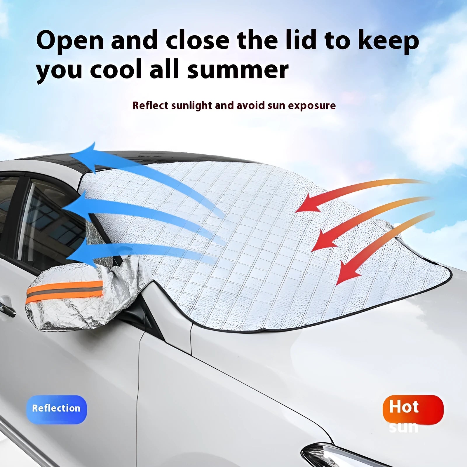 Large SUV winter windscreen cover with aluminum foil construction and magnetic attachments