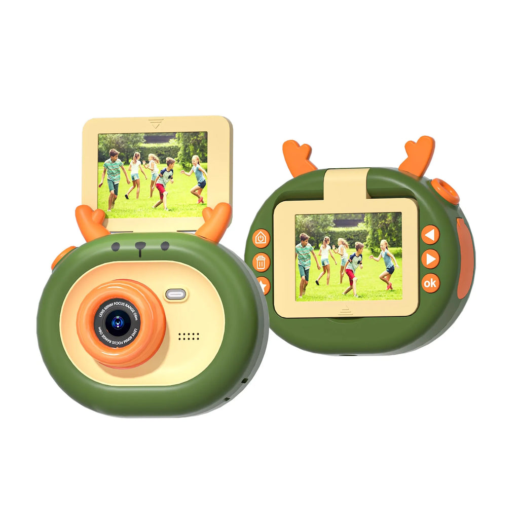 Purple children's digital camera with flip screen shown with silicone case and lanyard