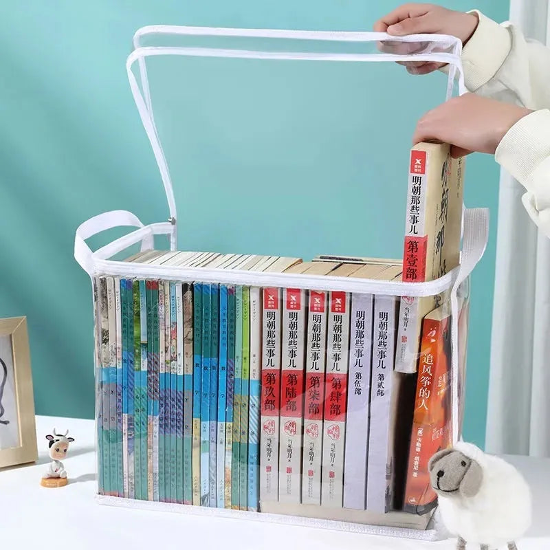 Large transparent foldable PVC storage bag showing inside, with sealing zip and dimensions 38x24x32cm.