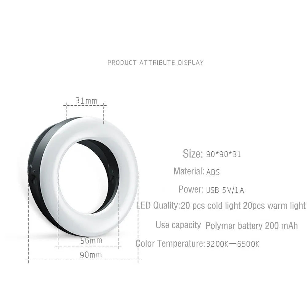 Compact black LED selfie ring light with USB cable for mobile phone photography.