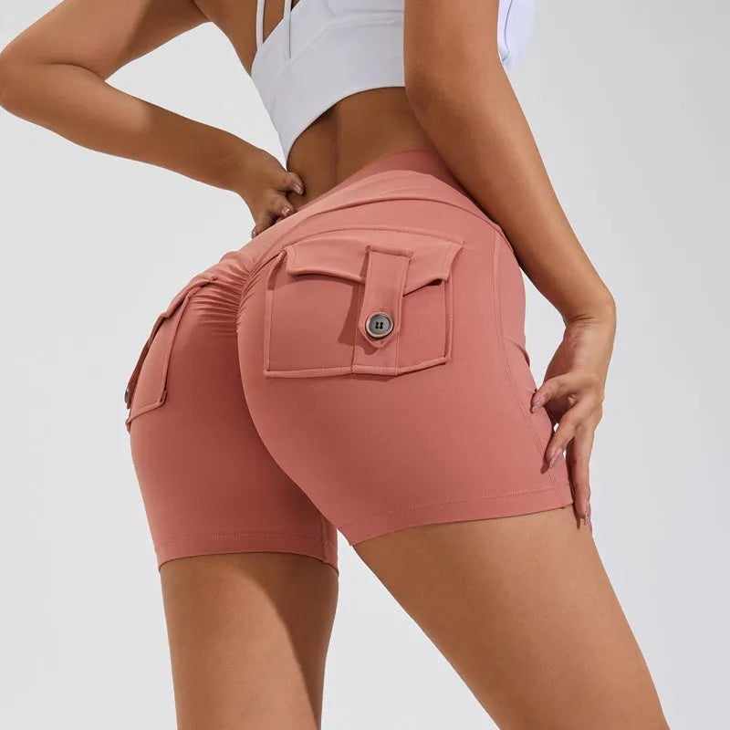 Women's high waist hip lifting shorts with side pockets in quick-dry nylon fabric