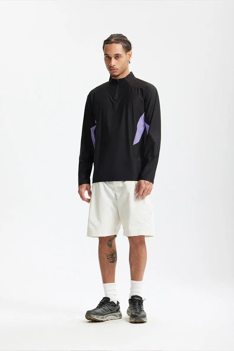 Men's lightweight polyester leisure shirt in solid black and beige colours with stitching details