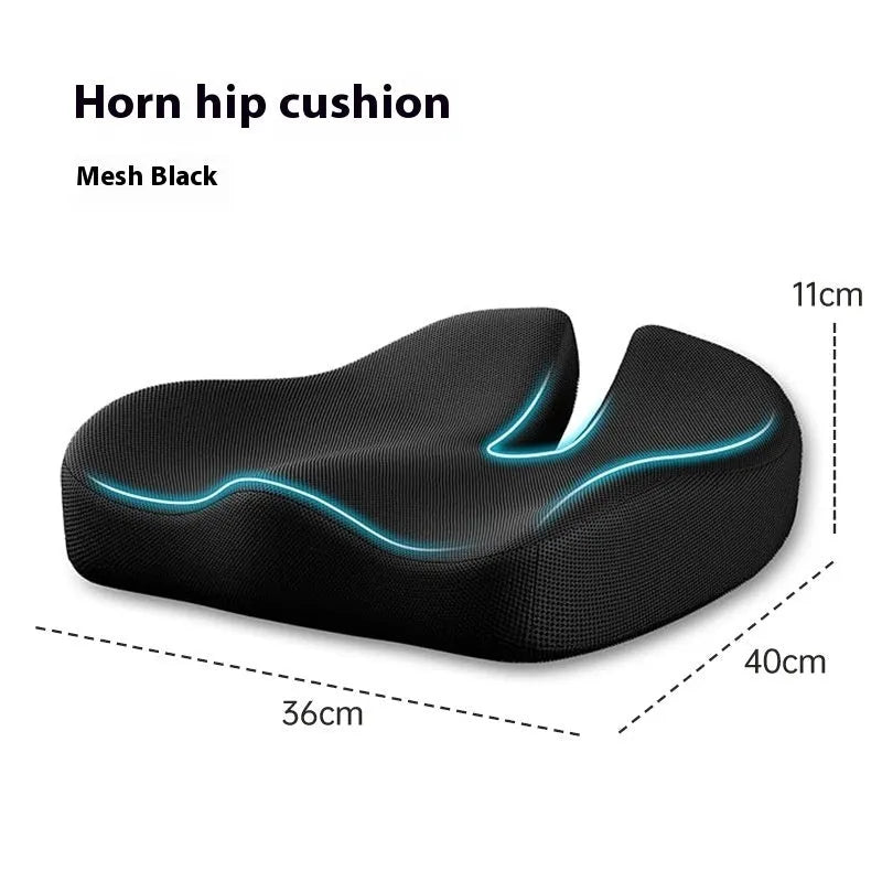 Black memory foam office chair cushion with a solid colour polyester cover, shown on a chair seat.