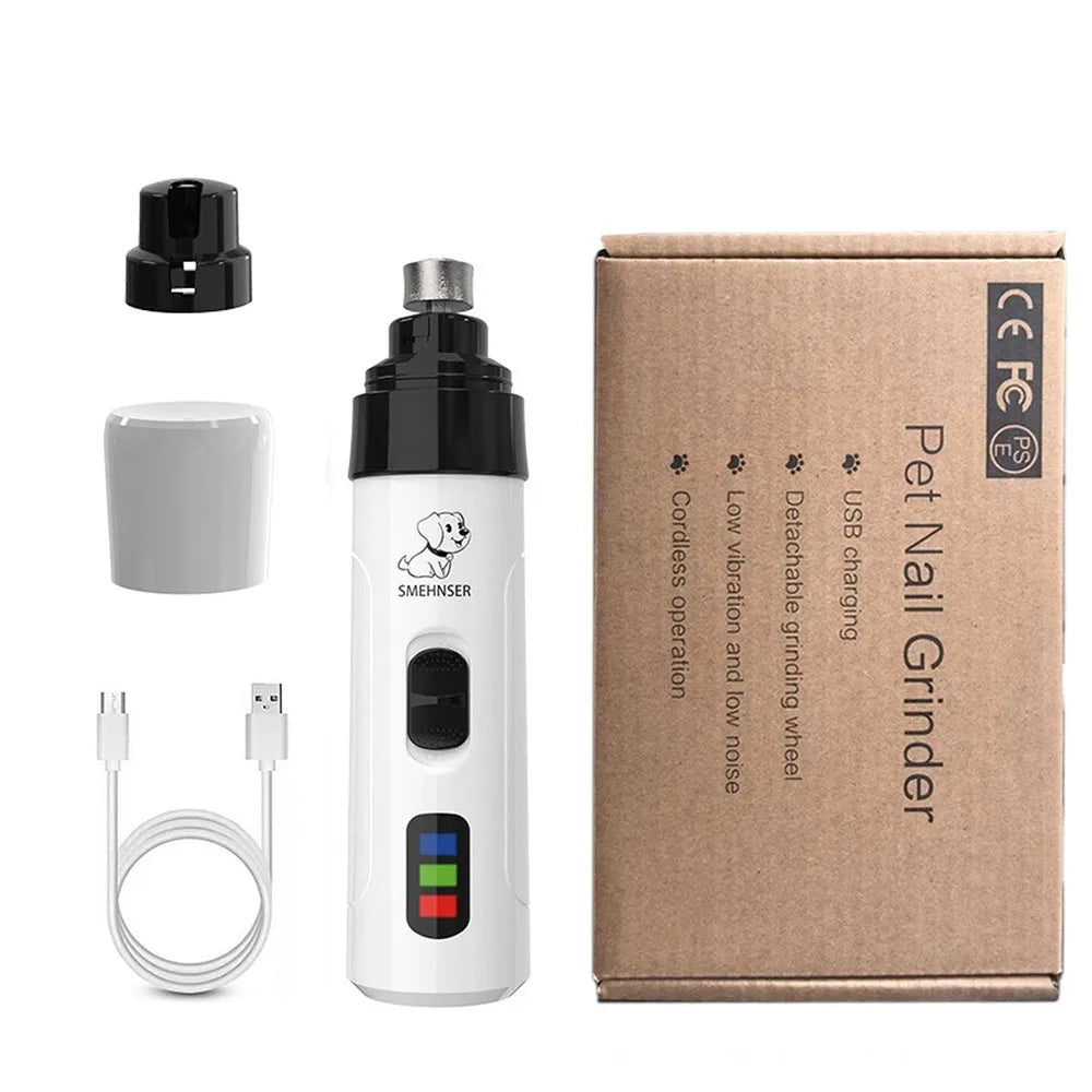Electric dog nail grinder with LCD screen showing speed settings, UK plug, and dust collection port.