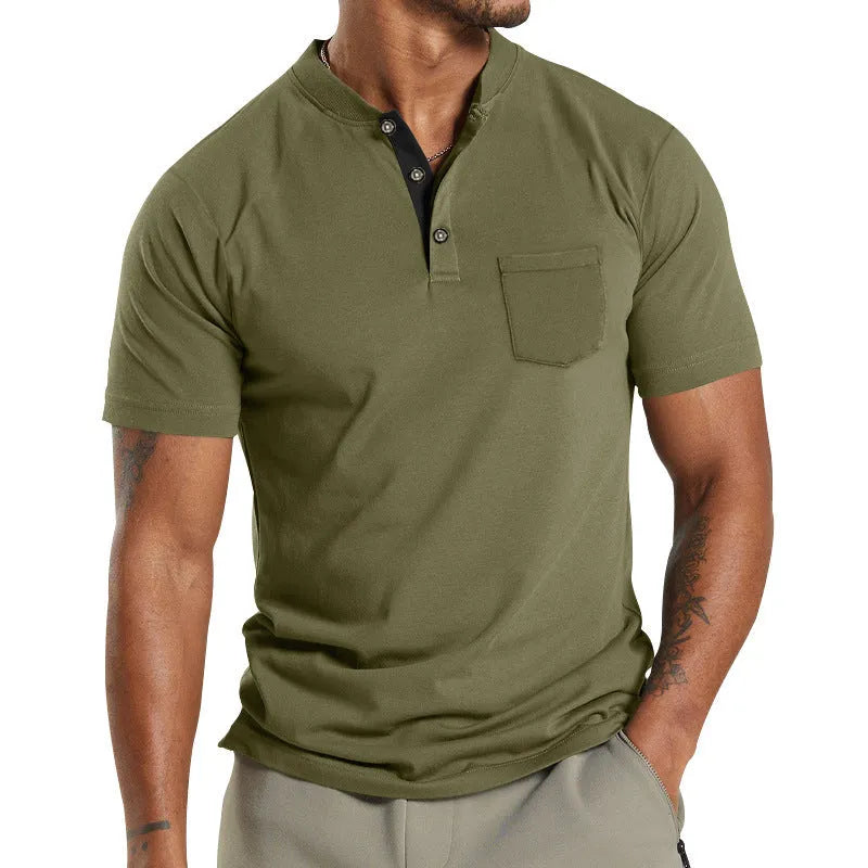 Plus size man wearing a solid colour short sleeve pullover shirt with a button chest pocket.