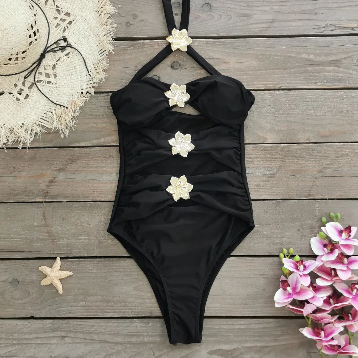 Women's solid colour one-piece swimsuit with hollow-out tube top and detachable matching skirt