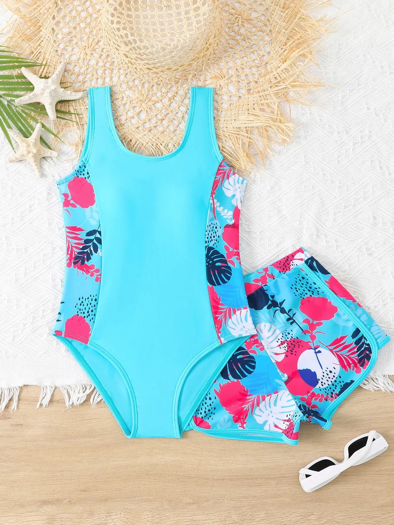 Girls' two piece swimsuit set with one piece and boxer shorts in blue, purple, and rose red, sizes 130 to 160, polyester fabric