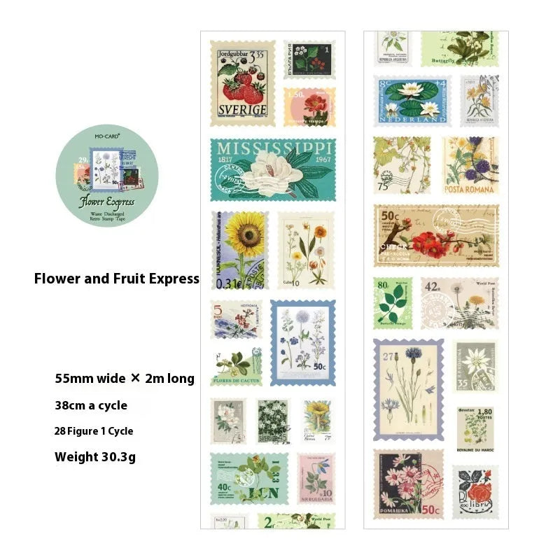 Roll of retro-patterned coated paper stamp stickers for DIY journal decoration, 55mm wide