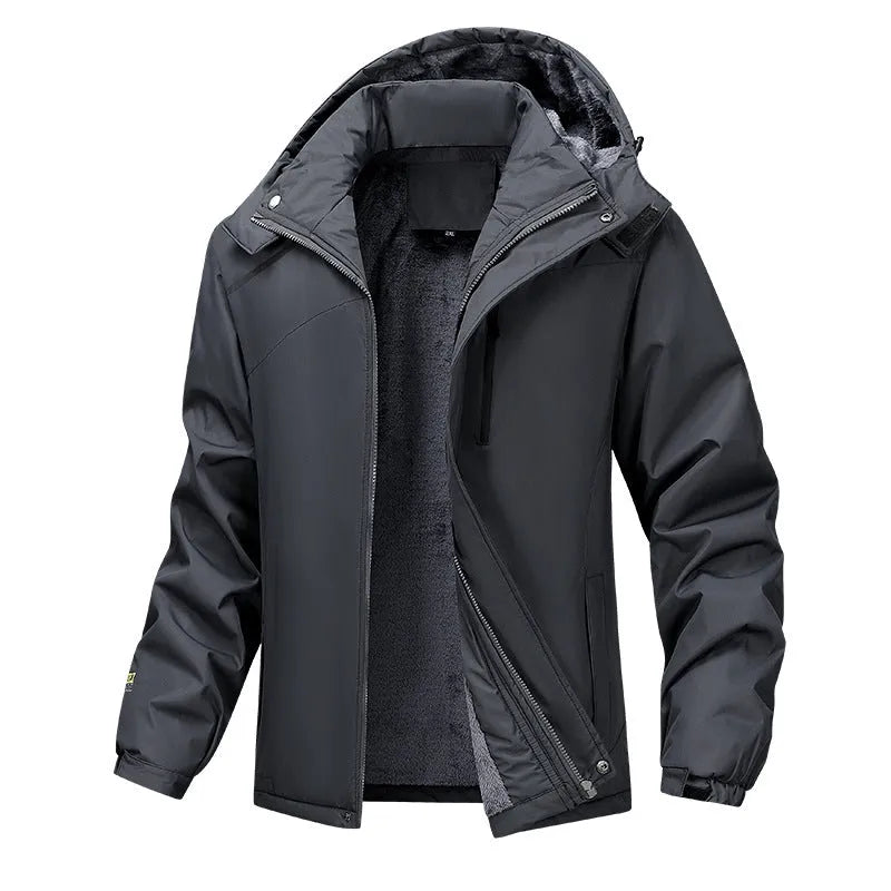 Men's plus size hooded waterproof coat in Army Green, shown on a model.