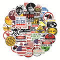 Pack of 50 waterproof warning stickers for helmets and motorcycles with PVC adhesive and bright film coating.