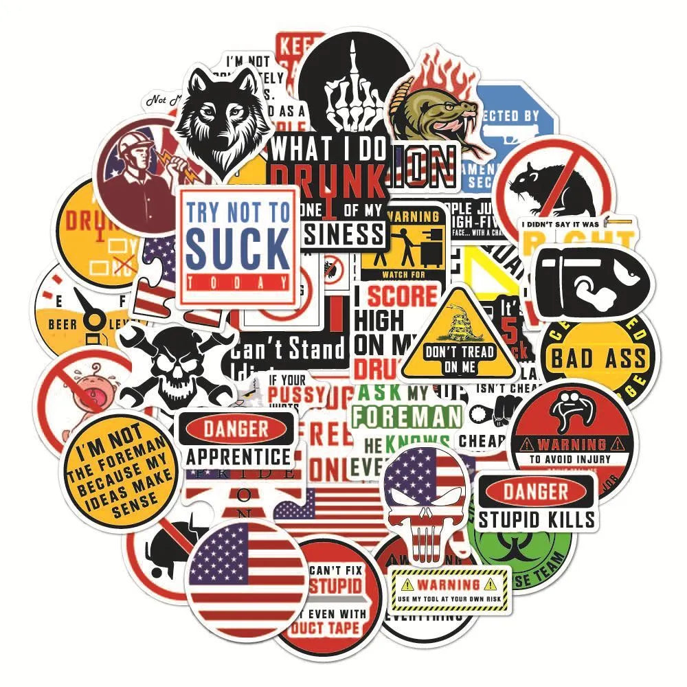 Pack of 50 waterproof warning stickers for helmets and motorcycles with PVC adhesive and bright film coating.