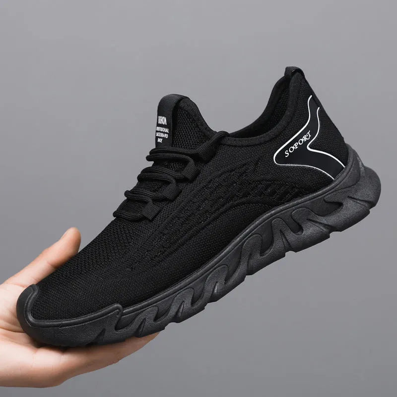 Breathable thin mesh flyknit casual men's sneakers in beige, low top with rubber sole and front lace-up