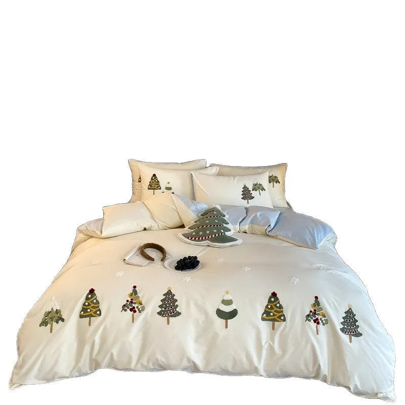 Pure cotton bedding set with embroidered Christmas tree design in plants pattern