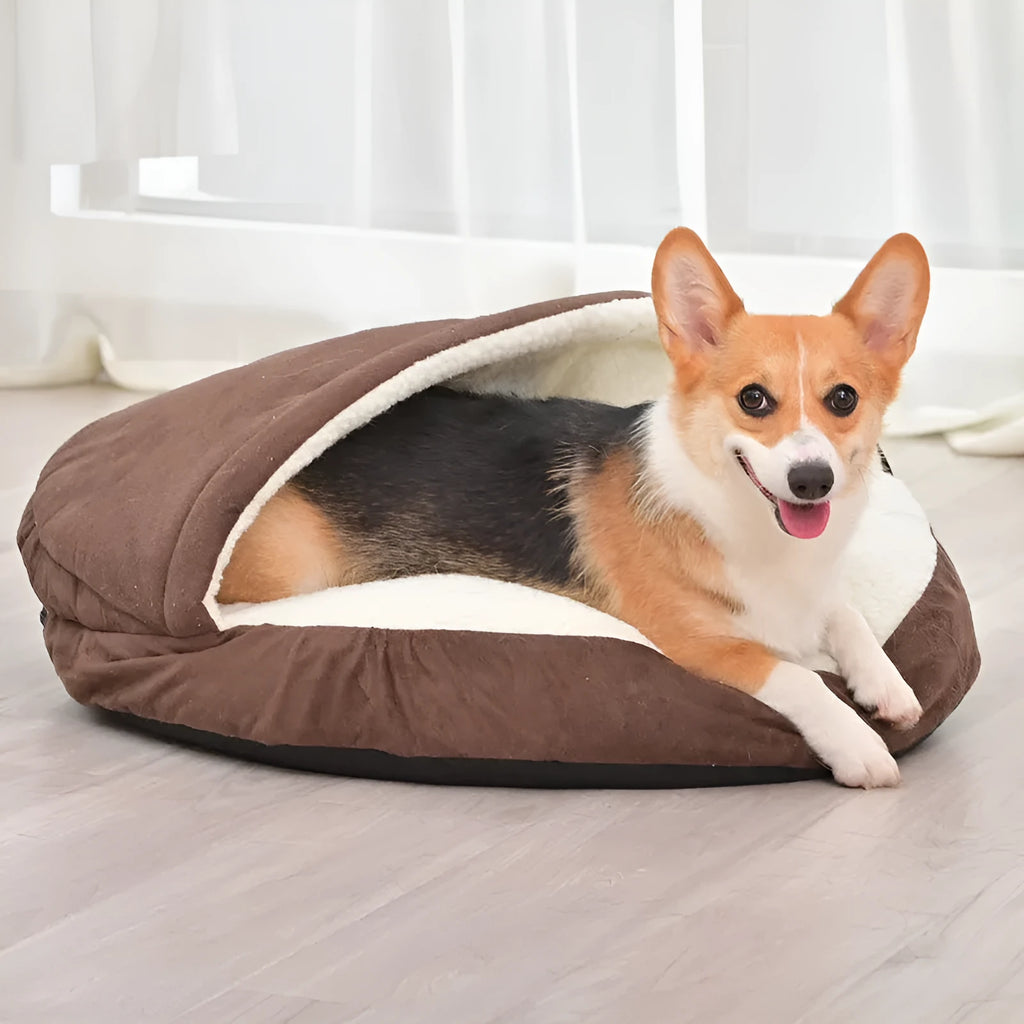 Removable washable cloth dog kennel in brown and grey colour options showing S and M size variations