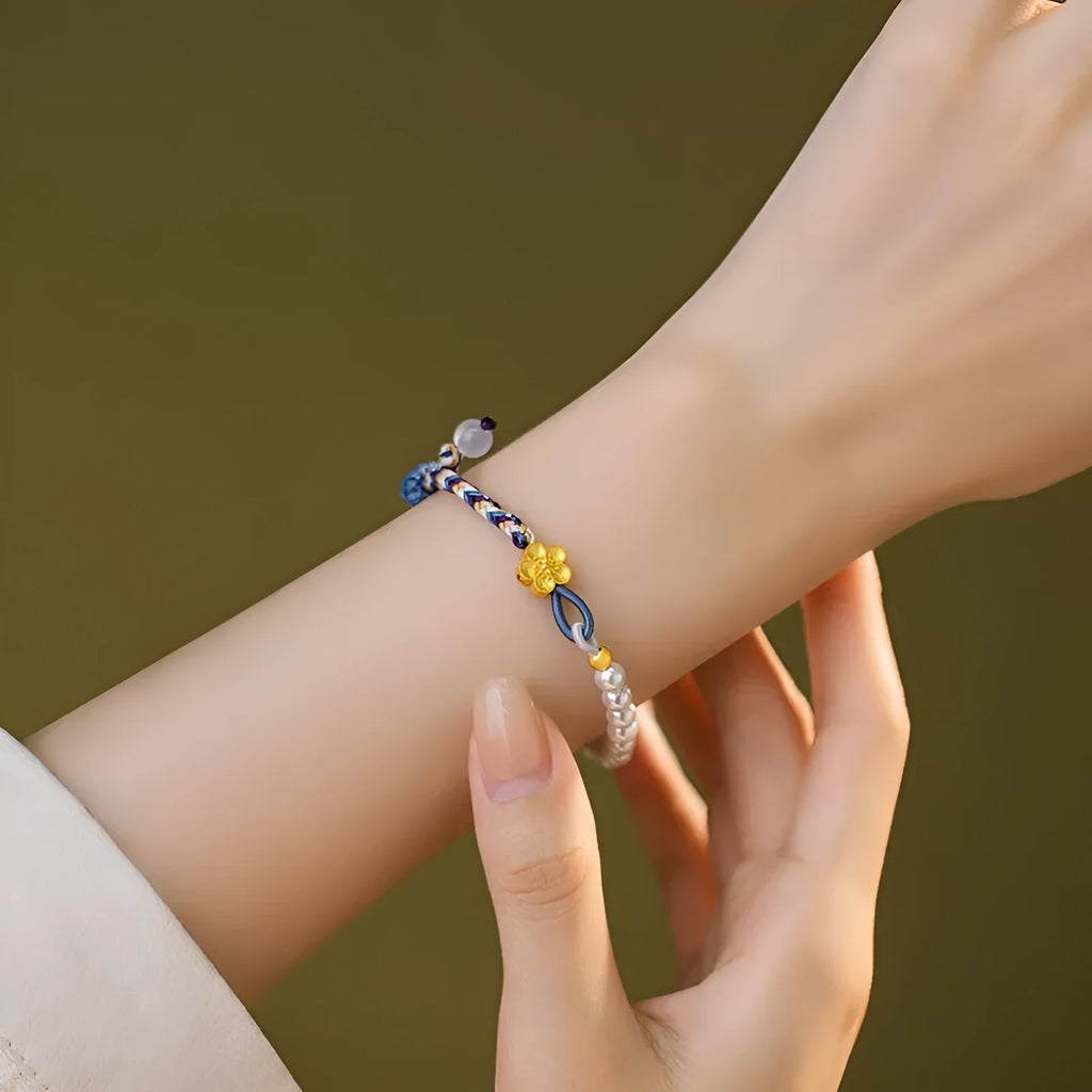 Peach coloured adjustable bracelet with chalcedony beads and Chinese flower weaving in sterling silver
