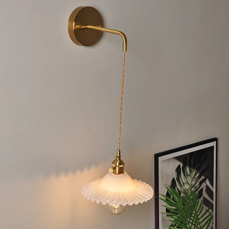 Retro brass lotus wall lamp with glass shade in multiple colour options