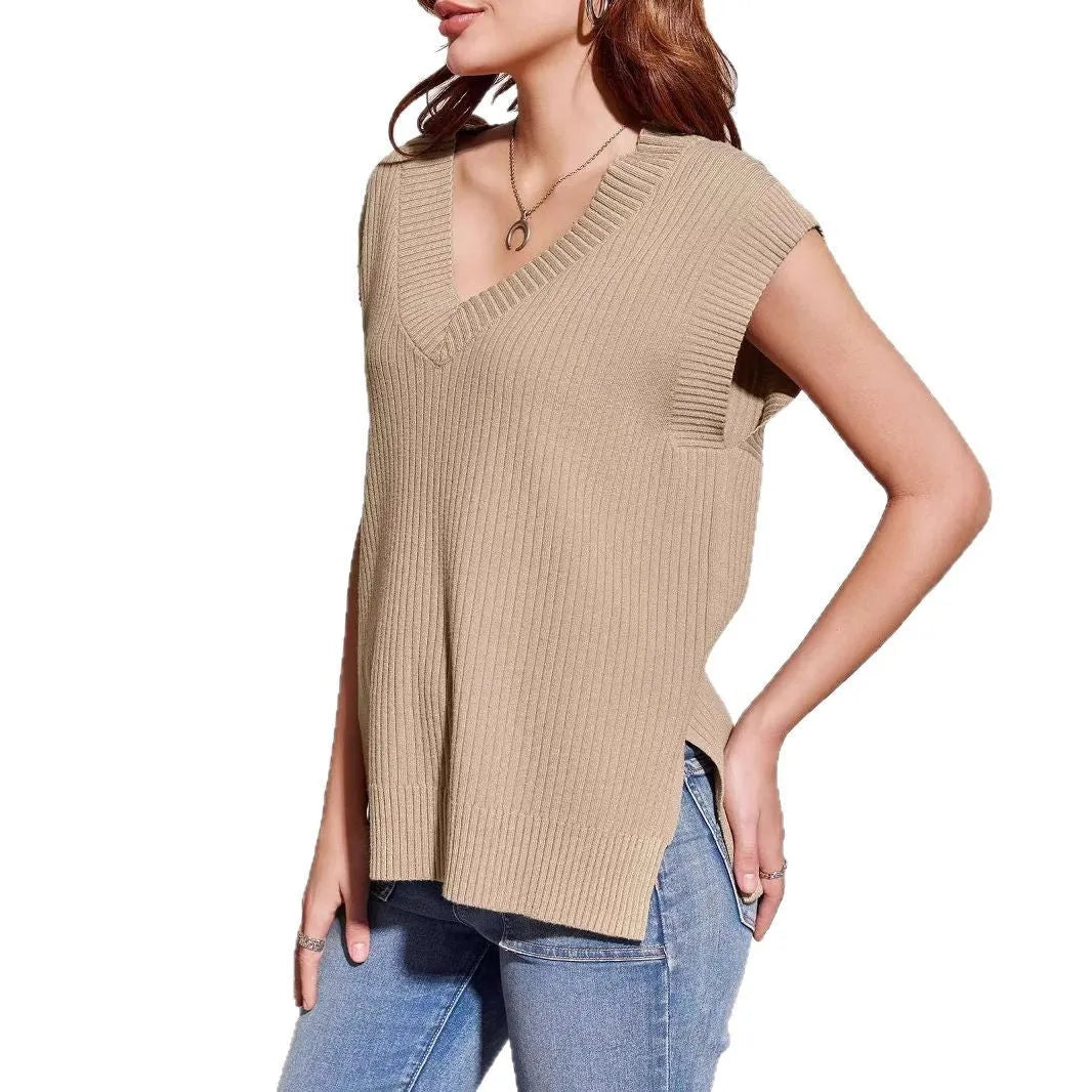 Women's camel and white V-neck sleeveless pullover vest in loose fit with striped plaid patterns