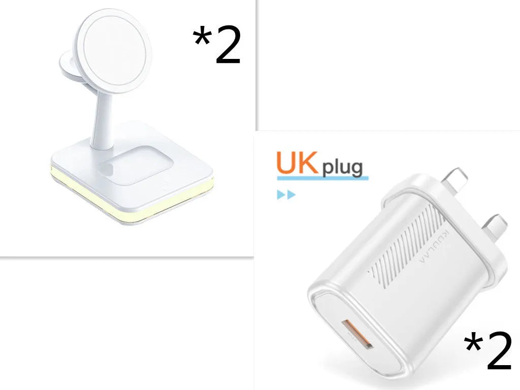 3-in-1 wireless charger magnetic bracket charging smartphone, watch, and earbuds on a desk