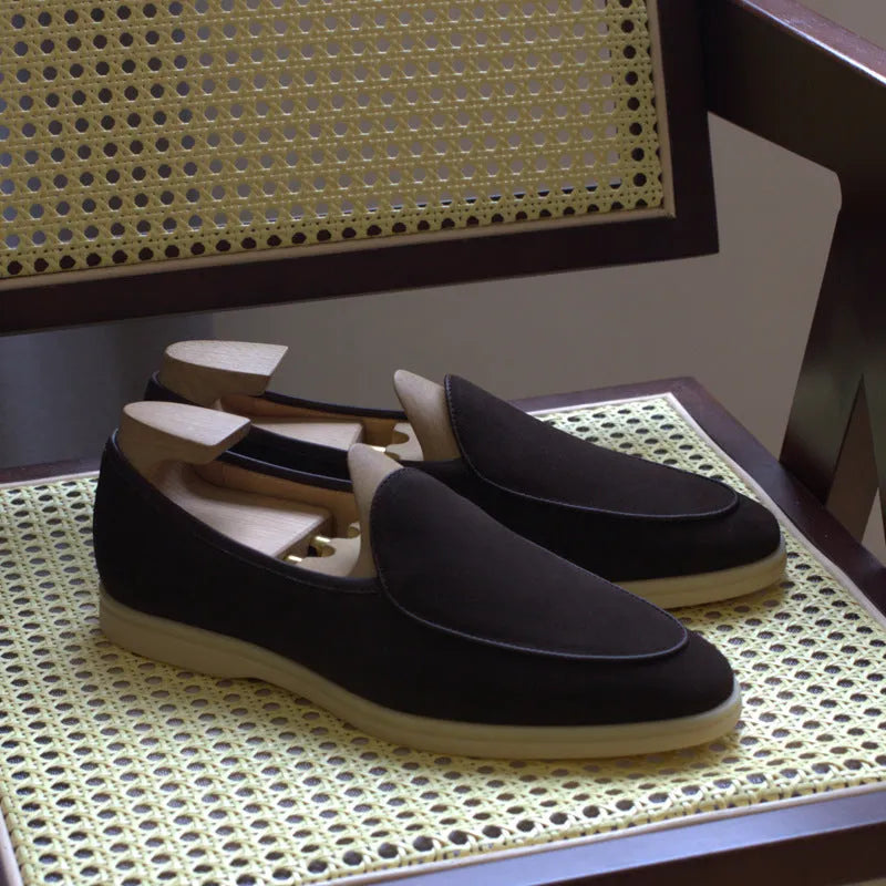 British handmade men's genuine leather loafers in brown with a flat TPR sole.